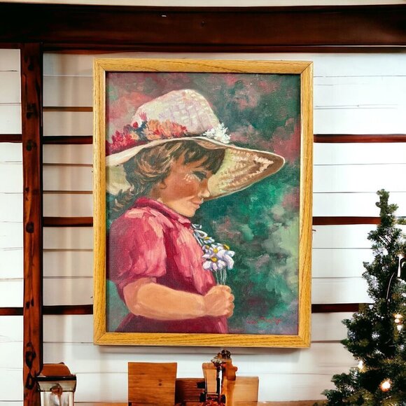 Oil Painting of Little Girl Holding Flower, Smiling Face, On Canvas13x17" - Picture 1 of 14